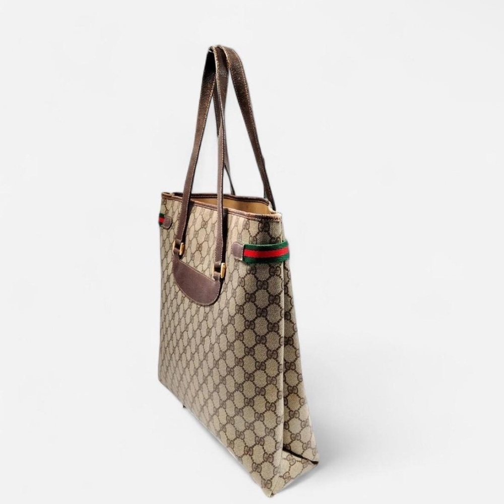 Gucci Vintage GG Canvas Web Stripe Tote Bag Brown Monogram Authentic - Picture 3 of 9